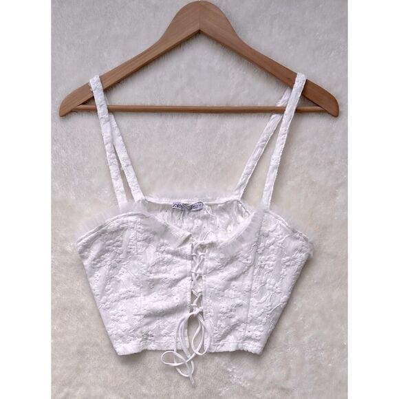 NWOT Zara White Tulle Eyelet Lace Tie Front Crop Top, Size Small - Picture 11 of 15